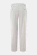 Rear view of Marco Pescarolo Corduroy Pants 'Dieci' Light Grey showing cotton corduroy fabric, slightly elastic quality, tapered fit, ankle-length style with French pockets and back pockets with buttons, elastic waistband, zip and button closure, perfect 