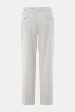 Rear view of Marco Pescarolo Corduroy Pants 'Dieci' Light Grey showing cotton corduroy fabric, slightly elastic quality, tapered fit, ankle-length style with French pockets and back pockets with buttons, elastic waistband, zip and button closure, perfect 