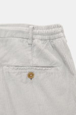 Close-up rear view of Marco Pescarolo Corduroy Pants 'Dieci' Light Grey, showing cotton corduroy fabric, elastic waistband, back pocket with button.