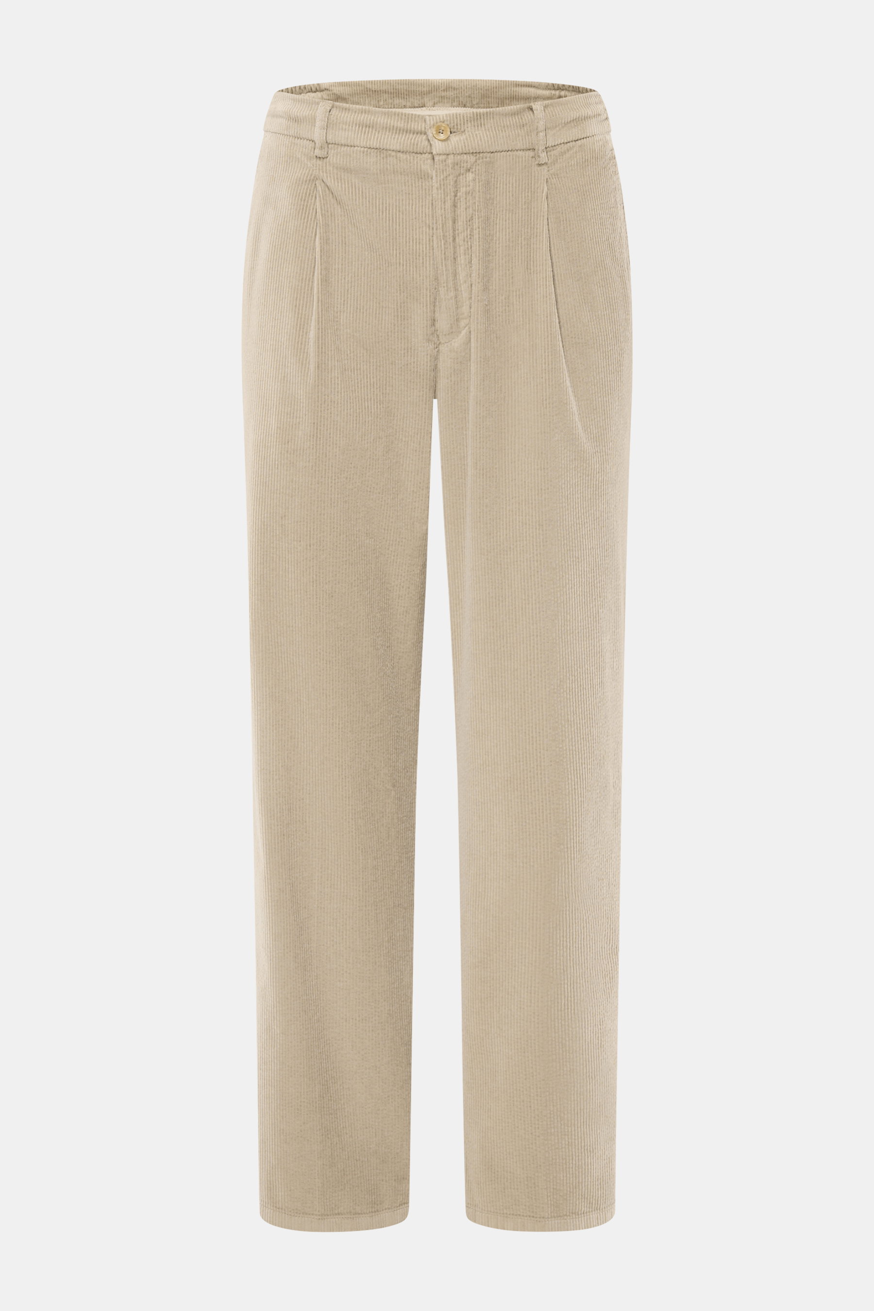 Marco Pescarolo Corduroy Pants 'Dieci' beige shown from the front, cotton corduroy, slightly elastic, soft touch, tapered fit, ankle-length with zip, button, French and back pockets.