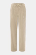 Marco Pescarolo Cordhose 'Dieci' beige, frontal fotografiert, Cord aus Baumwolle, elastischer Bund, Tapered Fit, knöchellang mit Taschen und Knopfverschluss.