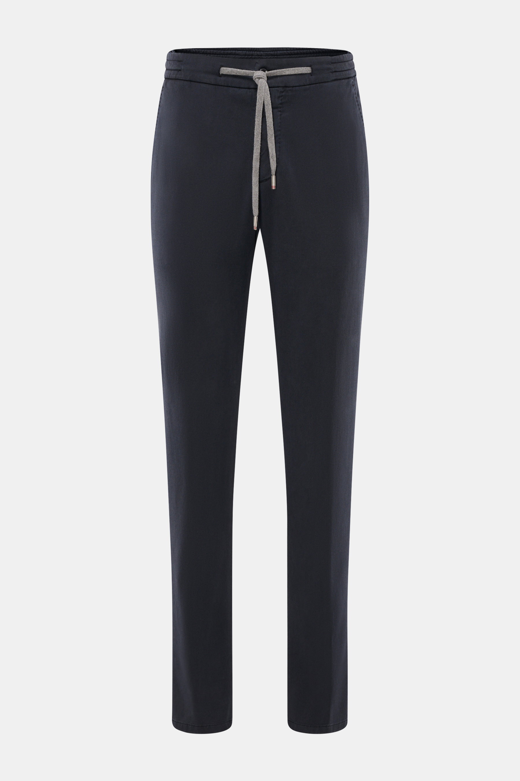 Marco Pescarolo Jogpants 'Caracciolo' graublau, frontale Nahaufnahme, elastischer Bund mit Tunnelzug, schmal zulaufend, Lyocell-Baumwollmix, Twill.