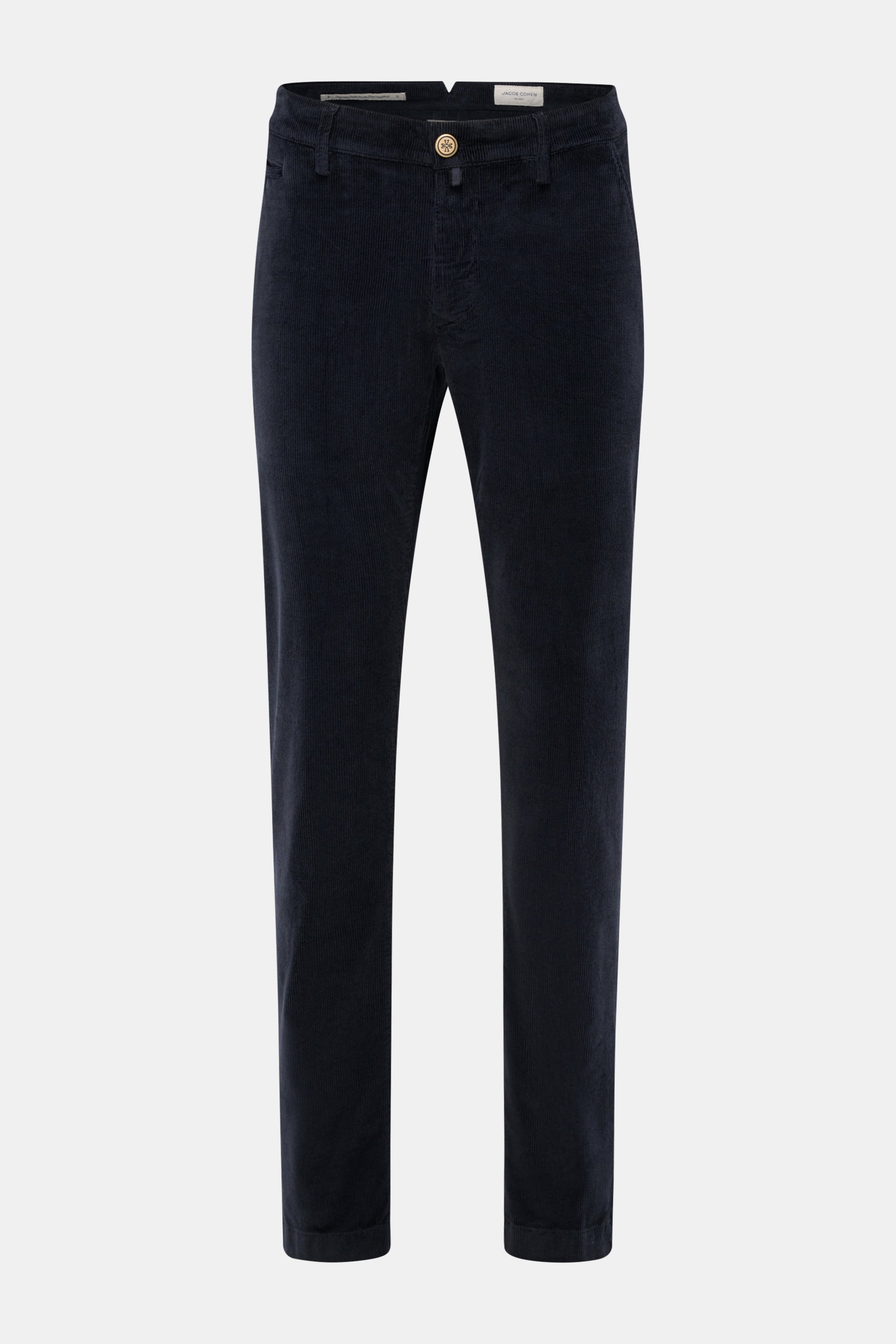 Front view of Jacob Cohen Corduroy Pants 'Bobby' navy, slim fit with tapered cut, cotton blend, soft feel, button and zipper, French pockets, piped coin pocket, back pockets with button, and small logo patch.