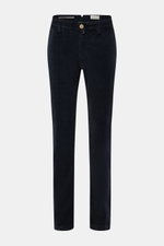 Front view of Jacob Cohen Corduroy Pants 'Bobby' navy, slim fit with tapered cut, cotton blend, soft feel, button and zipper, French pockets, piped coin pocket, back pockets with button, and small logo patch.