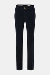 Front view of Jacob Cohen Corduroy Pants 'Bobby' navy, slim fit with tapered cut, cotton blend, soft feel, button and zipper, French pockets, piped coin pocket, back pockets with button, and small logo patch.