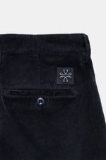 Close-up rear view of Jacob Cohen Corduroy Pants 'Bobby' navy, showing precise Italian craftsmanship, soft cotton blend corduroy, slim fit, back button pocket, and logo patch.