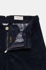 Jacob Cohen Corduroy Pants 'Bobby' navy shown from front top view, highlighting zipper, button, cotton blend corduroy, and soft feel.