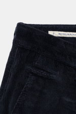 Jacob Cohen Corduroy Pants 'Bobby' navy close-up from above showing waistband, back pocket with button, and fabric texture, precise Italian craftsmanship, corduroy cotton blend, very soft feel, slim fit, slightly tapered cut, zipper and waistband button, 