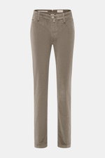 Front view of Jacob Cohen Corduroy Pants 'Bobby' taupe, slim fit with a slightly tapered cut, zipper, button, French pockets, coin pocket, back button pockets, and soft cotton blend fabric. Precise Italian craftsmanship.