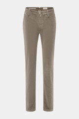 Front view of Jacob Cohen Corduroy Pants 'Bobby' taupe, slim fit with a slightly tapered cut, zipper, button, French pockets, coin pocket, back button pockets, and soft cotton blend fabric. Precise Italian craftsmanship.