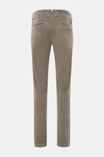 Rear view of Jacob Cohen Corduroy Pants "Bobby" taupe in slim fit with slightly tapered cut, cotton blend, soft feel, buttoned back pockets, and logo patch.