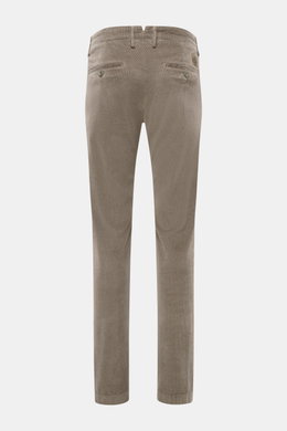 Rear view of Jacob Cohen Corduroy Pants "Bobby" taupe in slim fit with slightly tapered cut, cotton blend, soft feel, buttoned back pockets, and logo patch.