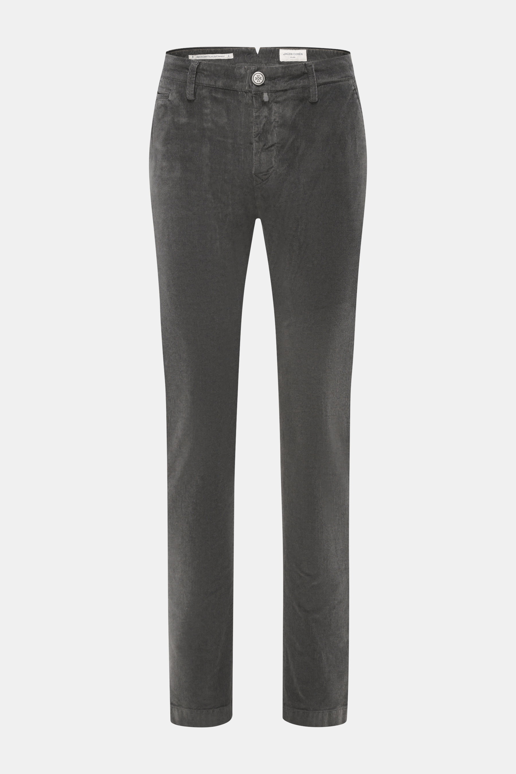 Jacob Cohen Corduroy Pants 'Bobby' dark grey shown from the front, slim fit with soft cotton blend, zipper, button, French pockets, logo patch.