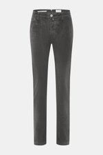 Jacob Cohen Corduroy Pants 'Bobby' dark grey shown from the front, slim fit with soft cotton blend, zipper, button, French pockets, logo patch.