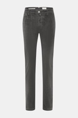 Jacob Cohen Corduroy Pants 'Bobby' dark grey shown from the front, slim fit with soft cotton blend, zipper, button, French pockets, logo patch.