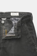 Close-up front view of Jacob Cohen Corduroy Pants 'Bobby' dark grey showing waistband, zipper, button, and interior lining, highlighting precise Italian craftsmanship with a slim fit, slightly tapered cut, and soft cotton blend corduroy fabric.