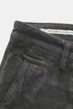 Jacob Cohen Corduroy Pants 'Bobby' dark grey close-up from above showing cotton blend fabric, soft feel, slim fit, tapered cut, waistband, pockets, and logo patch.