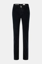 Front view of Jacob Cohen Corduroy Pants 'Bobby' black, slim fit with slightly tapered legs, soft cotton blend, zipper, button, and pockets.