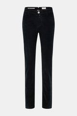 Front view of Jacob Cohen Corduroy Pants 'Bobby' black, slim fit with slightly tapered legs, soft cotton blend, zipper, button, and pockets.