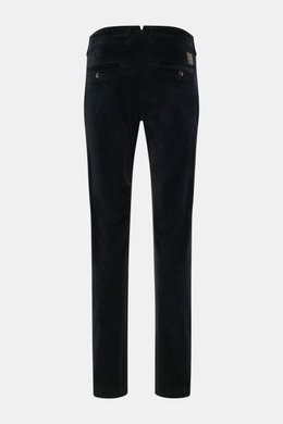 Rear view of Jacob Cohen Corduroy Pants 'Bobby' black, slim fit with slightly tapered cut, French pockets, buttoned back pockets, and logo patch.

Description: <p>Precise Italian craftsmanship - this is what the label JACOB COHEN stands for, creating a be