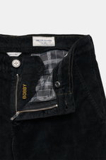Close-up front view of Jacob Cohen Corduroy Pants 'Bobby' black showing zipper, button, and waistband with plaid lining, highlighting Italian craftsmanship.

Description: <p>Precise Italian craftsmanship - this is what the label JACOB COHEN stands for, cr