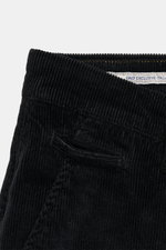 Close-up front-top view of Jacob Cohen Corduroy Pants 'Bobby' black, showing ribbed cotton blend fabric, soft feel, slim fit, and waistband details. Precise Italian craftsmanship with zipper, button, French pockets, piped coin pocket, back pockets with bu