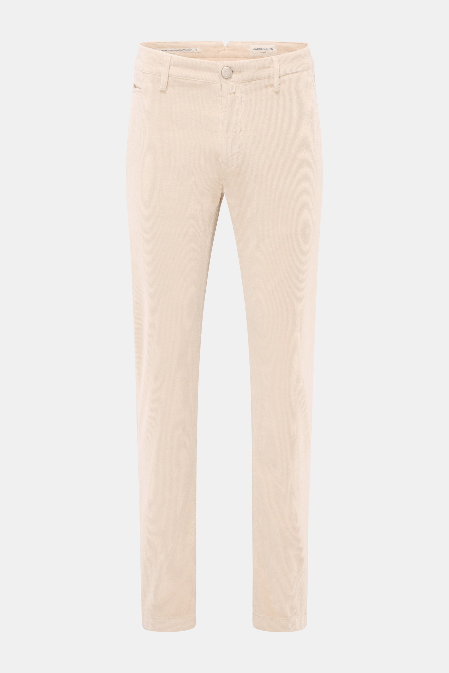Jacob Cohen Corduroy Pants 'Bobby' cream shown from front, slim fit with zipper, button, French pockets, soft cotton blend fabric.