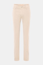 Jacob Cohen Corduroy Pants 'Bobby' cream shown from front, slim fit with zipper, button, French pockets, soft cotton blend fabric.