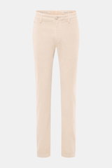 Jacob Cohen Corduroy Pants 'Bobby' cream shown from front, slim fit with zipper, button, French pockets, soft cotton blend fabric.