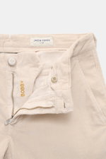 Close-up top-front view of Jacob Cohen Corduroy Pants 'Bobby' cream showcasing zipper, button, and label with precise Italian craftsmanship in soft cotton blend.