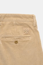 Close-up back view of Jacob Cohen Corduroy Pants 'Bobby' beige showing soft cotton blend corduroy, buttoned back pockets, logo patch, and stitching details.