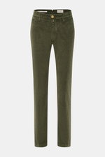 Front view of Jacob Cohen Corduroy Pants 'Bobby' dark green, slim fit with zipper, button, French pockets, piped coin pocket, and logo patch.