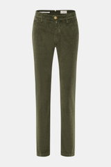Front view of Jacob Cohen Corduroy Pants 'Bobby' dark green, slim fit with zipper, button, French pockets, piped coin pocket, and logo patch.