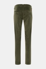 Rear view of Jacob Cohen Corduroy Pants 'Bobby' dark green in slim fit with back pockets, button, and logo patch, made of soft cotton blend.