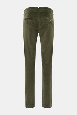 Rear view of Jacob Cohen Corduroy Pants 'Bobby' dark green in slim fit with back pockets, button, and logo patch, made of soft cotton blend.