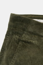 Close-up rear view of Jacob Cohen Corduroy Pants 'Bobby' dark green showing soft cotton blend corduroy, back button pockets, and detailed stitching.