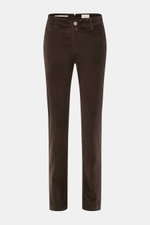 Front view of Jacob Cohen Corduroy Pants 'Bobby' Dark Brown, slim fit, slightly tapered, cotton blend with stretch, soft feel, zipper, button, French and piped coin pockets, back pockets with button, and small logo patch. Precise Italian craftsmanship cre