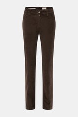 Front view of Jacob Cohen Corduroy Pants 'Bobby' Dark Brown, slim fit, slightly tapered, cotton blend with stretch, soft feel, zipper, button, French and piped coin pockets, back pockets with button, and small logo patch. Precise Italian craftsmanship cre