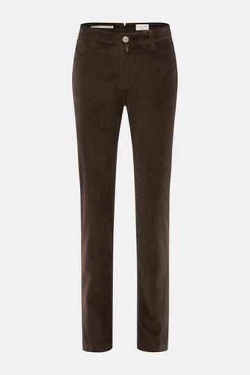 Front view of Jacob Cohen Corduroy Pants 'Bobby' Dark Brown, slim fit, slightly tapered, cotton blend with stretch, soft feel, zipper, button, French and piped coin pockets, back pockets with button, and small logo patch. Precise Italian craftsmanship cre