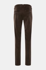 Rear view of Jacob Cohen Corduroy Pants 'Bobby' Dark Brown, slim fit, slightly tapered, cotton blend, soft feel, with buttoned back pockets and logo patch.