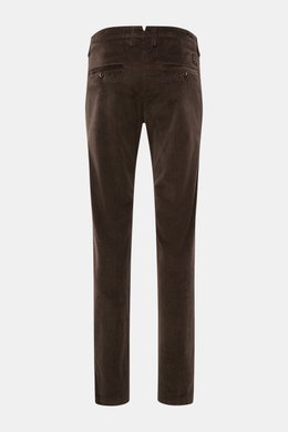 Rear view of Jacob Cohen Corduroy Pants 'Bobby' Dark Brown, slim fit, slightly tapered, cotton blend, soft feel, with buttoned back pockets and logo patch.
