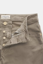 Jacob Cohen Jeans 'Bard' taupe, Detailaufnahme von vorne auf geöffnetem Button Fly, Denim aus Baumwolle und Microfaser, elastisch, weicher Griff, Slim Fit, Five-Pocket-Stil mit Münztasche und Initial, Gesäßtaschen mit Stitching, Leather Patch in Ponyfell-