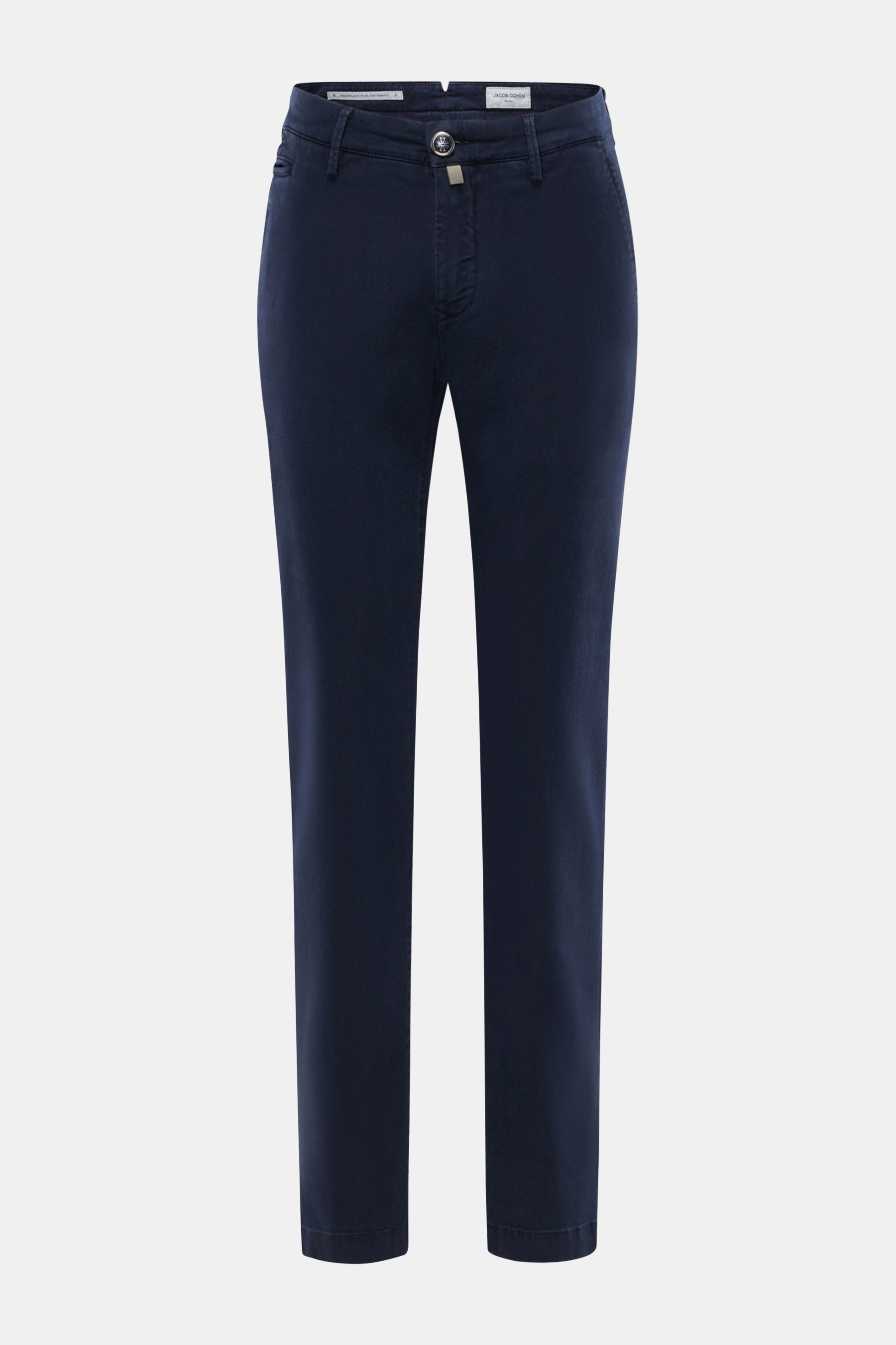 Front view of Jacob Cohen Pants 'Bobby' navy, slim-cut made of soft cotton and lyocell twill with stretch, elastic quality, French pockets, and tonal leather patch.