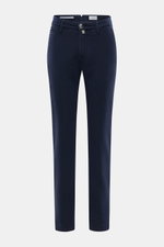 Front view of Jacob Cohen Pants 'Bobby' navy, slim-cut made of soft cotton and lyocell twill with stretch, elastic quality, French pockets, and tonal leather patch.