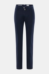 Front view of Jacob Cohen Pants 'Bobby' navy, slim-cut made of soft cotton and lyocell twill with stretch, elastic quality, French pockets, and tonal leather patch.