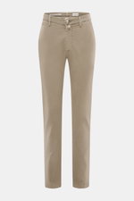 Front view of Jacob Cohen Pants 'Bobby' taupe, slim-cut cotton and lyocell twill with elastic quality, zipper, button, and pockets.