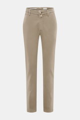 Front view of Jacob Cohen Pants 'Bobby' taupe, slim-cut cotton and lyocell twill with elastic quality, zipper, button, and pockets.