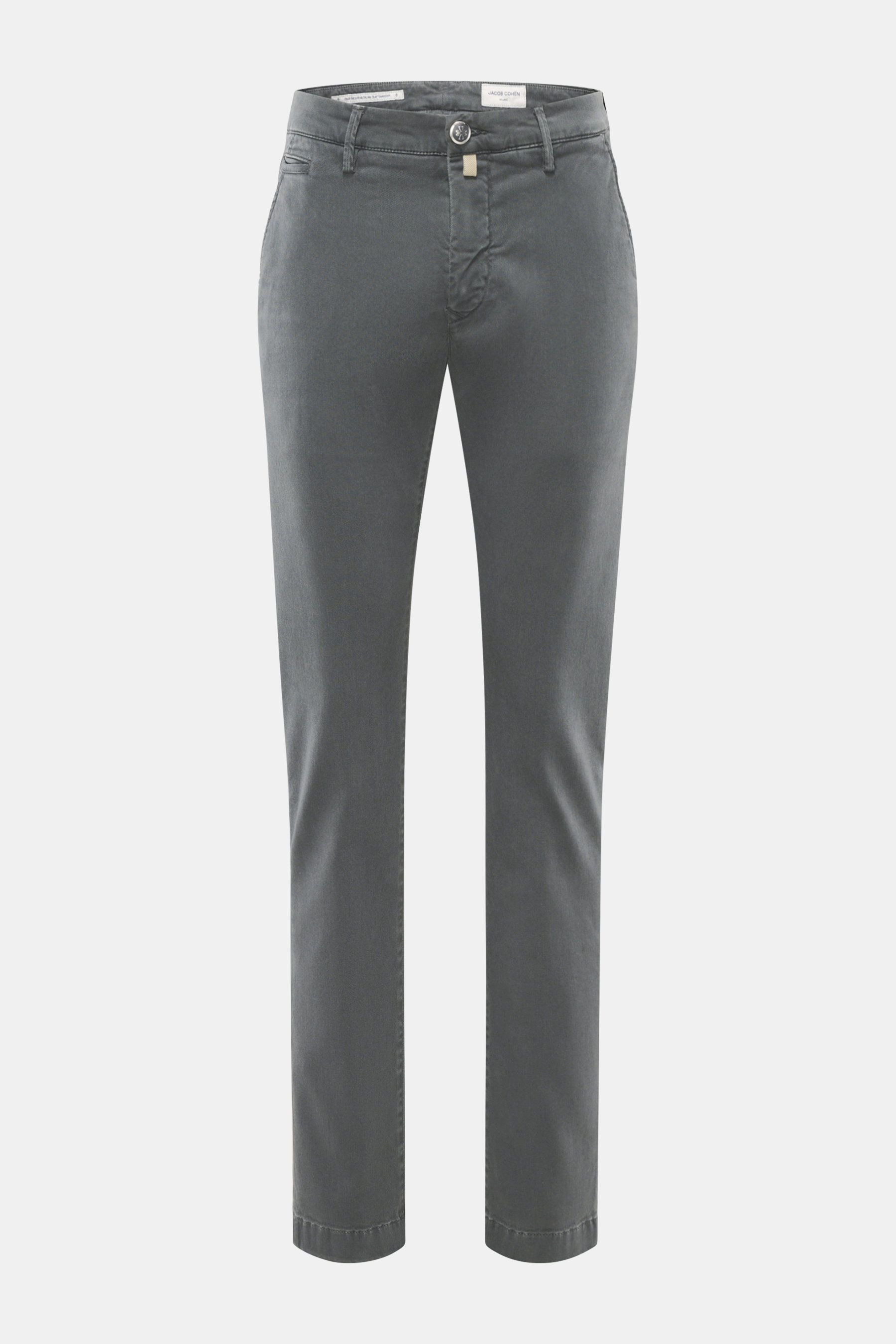 Front view of Jacob Cohen Pants 'Bobby' grey, slim-cut with tapered fit, soft cotton-lyocell twill, elastic quality, zipper, button, French and back pockets.