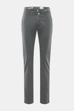 Front view of Jacob Cohen Pants 'Bobby' grey, slim-cut with tapered fit, soft cotton-lyocell twill, elastic quality, zipper, button, French and back pockets.