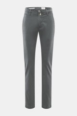 Front view of Jacob Cohen Pants 'Bobby' grey, slim-cut with tapered fit, soft cotton-lyocell twill, elastic quality, zipper, button, French and back pockets.
